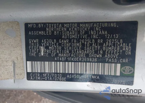 2014 Toyota Camry Le z USA, uszkodzony, nr VIN 4T4BF1FK0ER369836